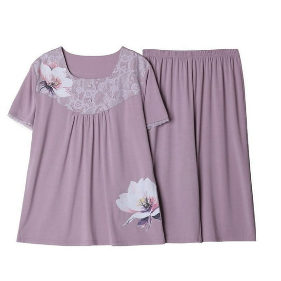 Aueoeo Womens Pajama Sets Two Piece Sleep Shirt Short Sleeve Crew Neck Print Pjs Set Tops with Capris Pants Sleepwear Purple M