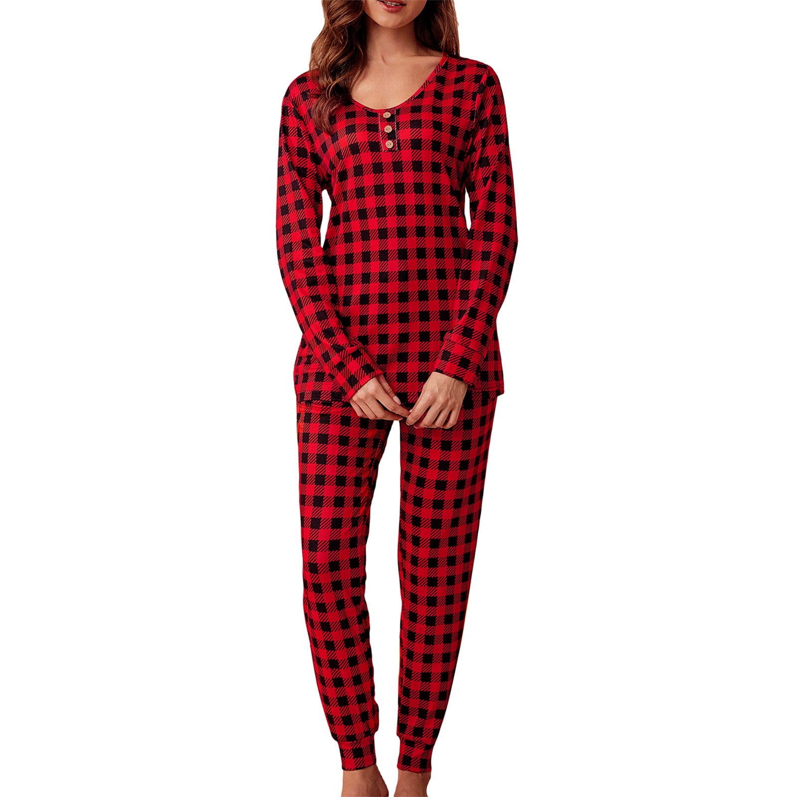 Aueoeo Womens Pajamas Womens Plaid Pajama Set Plaid Pjs Long Sleeve