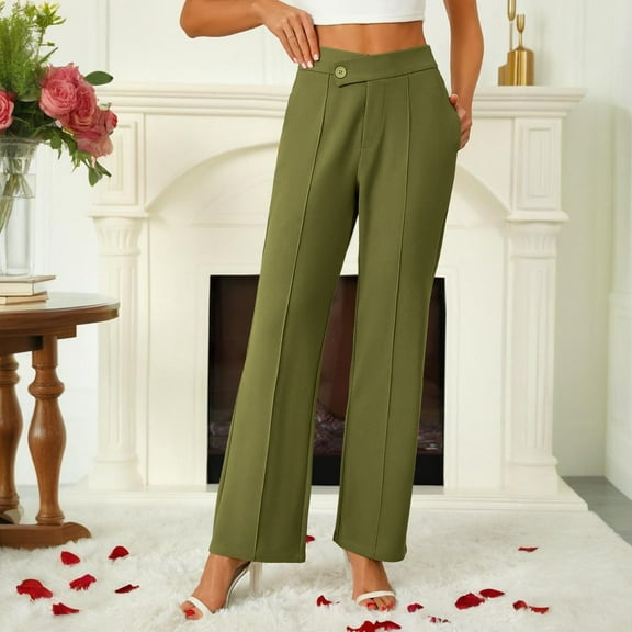 Aueoeo Womens Pants Womens Cargo Pants Solid Color Pants Comfortable Casual Pocket Button Elastic Waist Trousers Flared Straight Wide Leg Trousers Womens Work Pants