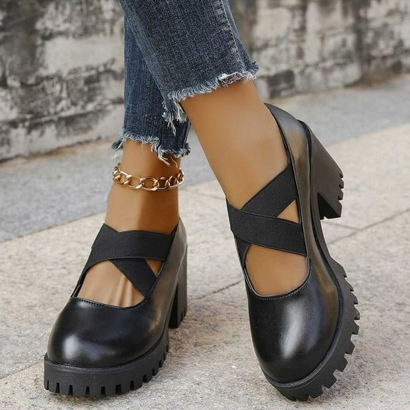 Aueoeo Womens Platforms Loafers Mid Chunky Heel Loafers Non Slip Sole Shoes Round Toe Crossed Strap Toes Business Work Shoes