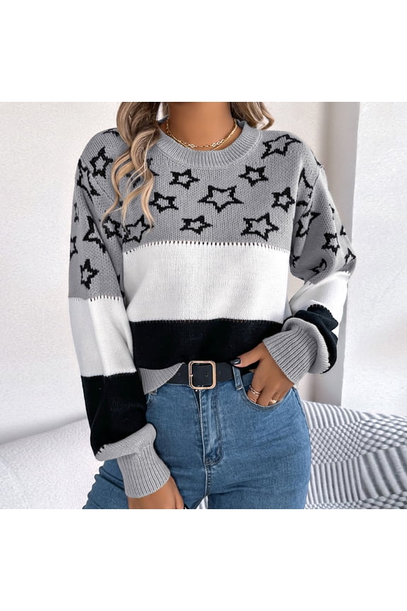 Womens Pullover Sweater Star Long Sleeve 3/4 Lantern Sleeve Round Neck Fall Knit Tops on Clearance on Clearance