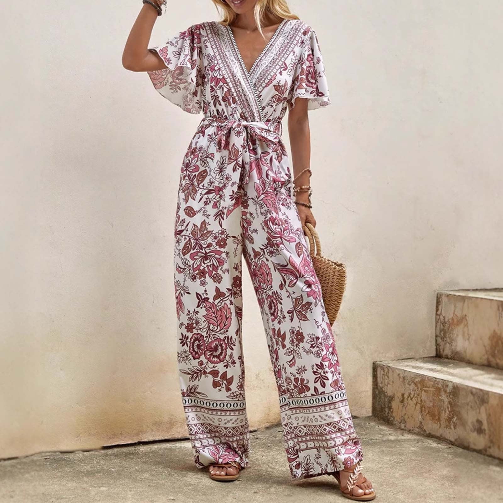 Loose Flowy V Neck Summer Jumpsuit Romper