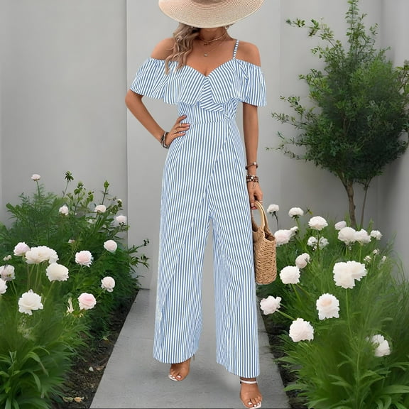 Aueoeo Womens Rompers Summer Dressy Wide Leg Jumpsuit Fashion Out of Shoudler Stripe High Waist Straight Leg Outwear Jumpsuit