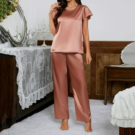 Aueoeo Womens Satin Pajama Set Short Sleeve Shirt With Long Pajama Pant Set Silkys Soft Loungeswear Red L