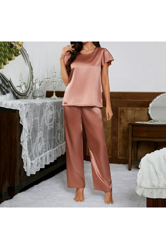 Womens Satin Pajama Set Short Sleeve Shirt With Long Pajama Pant Set Silkys Soft Loungeswear Red S