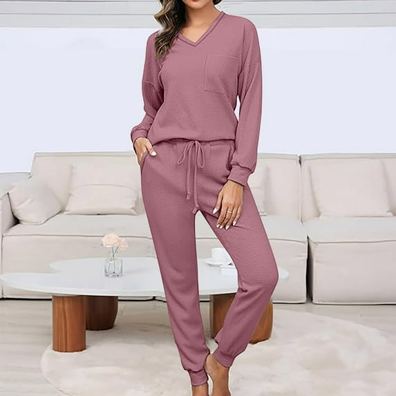 Aueoeo Womens Sets Knit 2 Piece Causal Breathable Sets Long Sleeve V Neck Top and Wide Leg Pant Spring Outdoors Tracksuit