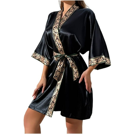 Aueoeo Womens Silk Robe Printed Trim Satin Robe 3/4 Sleeve Short Bride Robe Comfy Sleepwear Minority Nightgown Black L