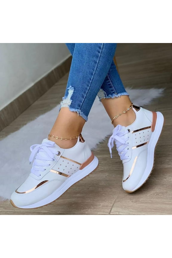 Womens Sneakers,Women's Lightweight Walking Sneakers Round Thick Sole Low Top Stitching Outdoor Sports Lace-Up Comfortable Casual Shoes Mesh Slip On On Clearance
