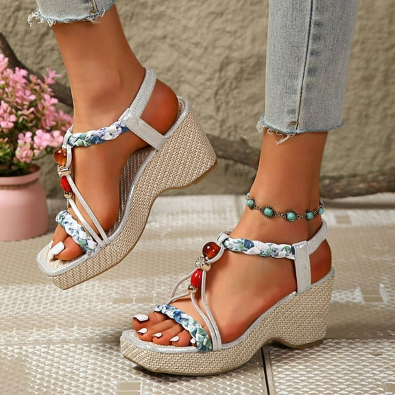 Aueoeo Womens Squared Open Toe Sandals Elastic Ankle Strap Wedge Sandals Fashion Comfortable Summer Dressy Boho Shoes