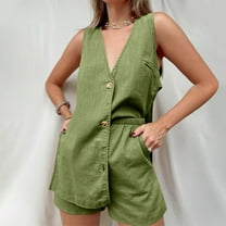 Aueoeo Womens Summer Outfits 2 Piece Vacation Short Sets Linen Button Up Matching Sets Vests and Lightweight Shorts Sets