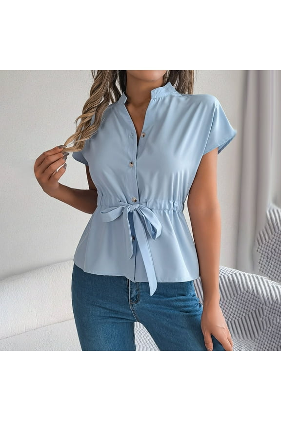Womens Summer Top Short Sleeve Waist Front Tie Drawstring V Neck T-Shirts Solid Color Casual Tunic Blouses
