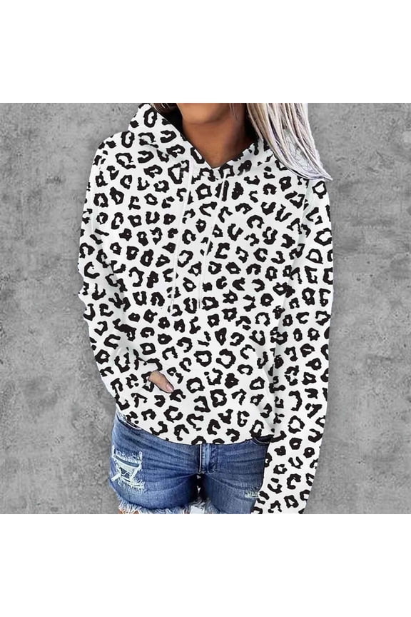 Womens Sweatshirt, Women's Leopard Hoodie Sweatshirt Long Sleeve Pocket Drop Shoulder Loose Pullover Hooded Sweatshirts