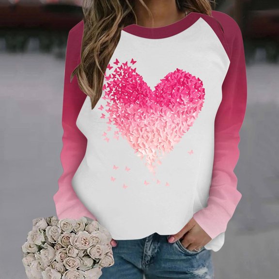 Aueoeo Womens T Shirts Women T Shirt Ladies' Casual 'S Heart Printed Long-Sleeved Crew Neck Top Custom T Shirt