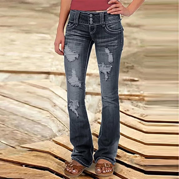 Aueoeo Womens Wide Leg Jeans, Womens High Waisted Wide Leg Jeans Ripped Hole Loose Comfort Stretch Denim Pants