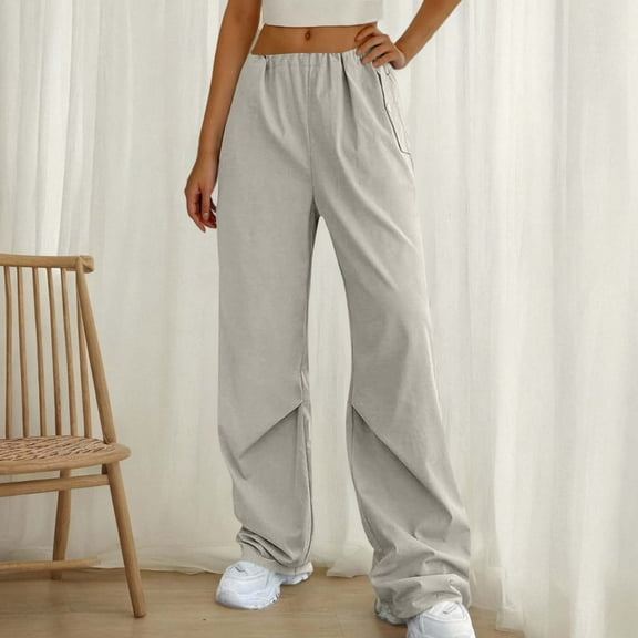 Aueoeo Womens Wide Leg Streetwear Cargo Pants Soft Comfy Drawstring Pants Elastic Waisted Wide Leg Casual Trousers