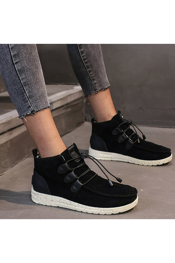 Womens Winter Boots Booties For Women Low Heel Women'S Sport Shoes Lace-Up Wild Round Toe Retro Flock Solid Color Casual Sneakers
