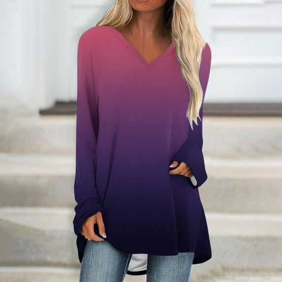 Aueoeo Womens Winter Casual T-Shirts Long Sleeve V Neck Tunic Tops Plus Size Tops Loose Comfy Tee Shirt Blouse