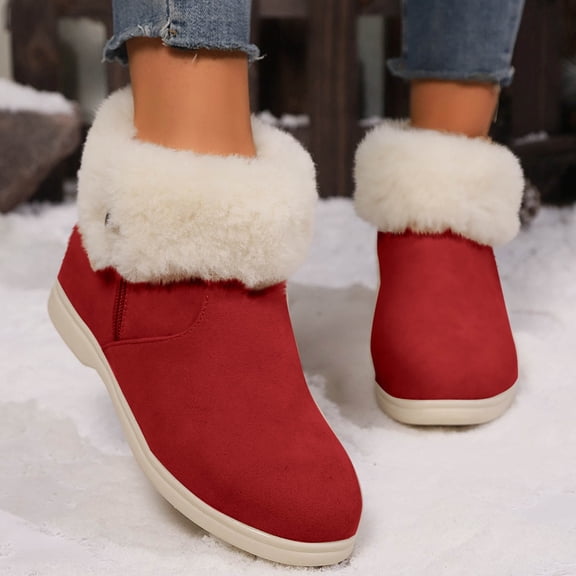 Aueoeo Womens Winter Flat Boots Furs Snow Boots Ankle Booties Fuzzy Warm Short Boots for Girl Side Zip Boots Red