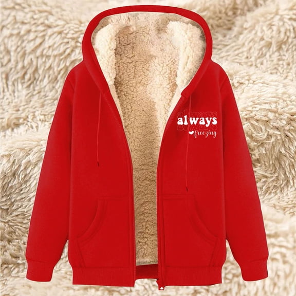 Aueoeo Womens Winter Warm Jackets Zip Up Lined Hoodies Fleece Thicken Sweatshirts Printed Coat Red L