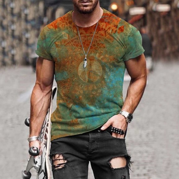 Aueoeo Workout Shirts for Men Polyester Short Sleeve Crewneck Graphic Printed T-Shirt Loose Fits Casual Top XX-L