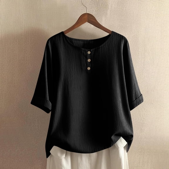 Aueoeo Workout Tank Top Woman Cute Summer Top Fashion Women's Summer Round-Neck Casual Short Sleeve Button T-Shirt Top Ladies Top And Blouses