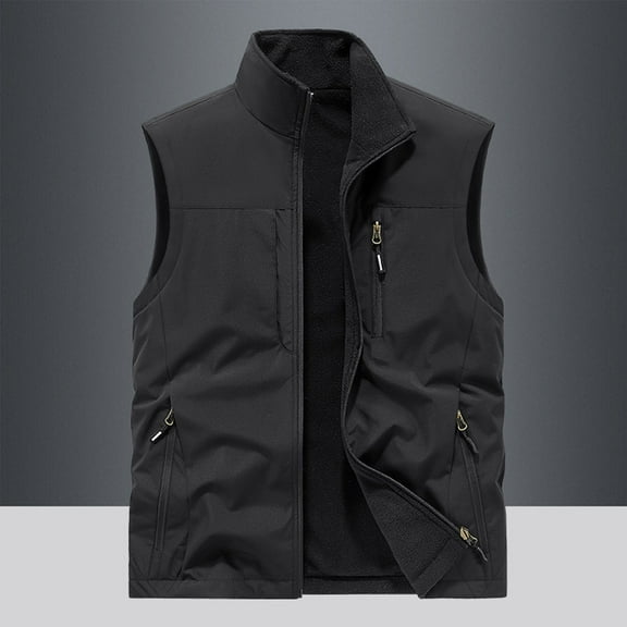 Aueoeo Workwear For Men Sleeveless Fleece Lined Warm Vests Full Zippper Button Up With Multiple Pockets