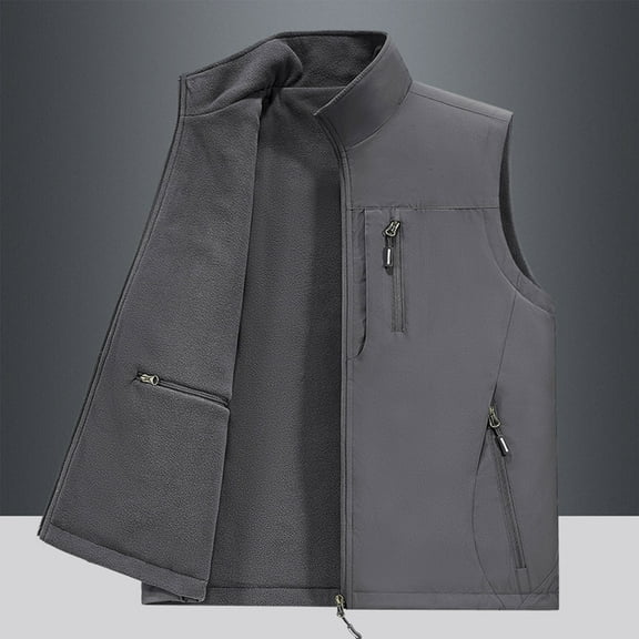 Aueoeo Workwear For Men Sleeveless Fleece Lined Warm Vests Full Zippper Button Up With Multiple Pockets