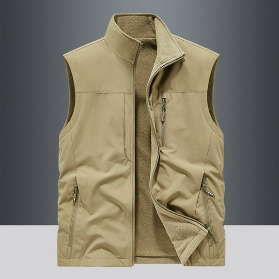 Aueoeo Workwear For Men Sleeveless Fleece Lined Warm Vests Full Zippper Button Up With Multiple Pockets