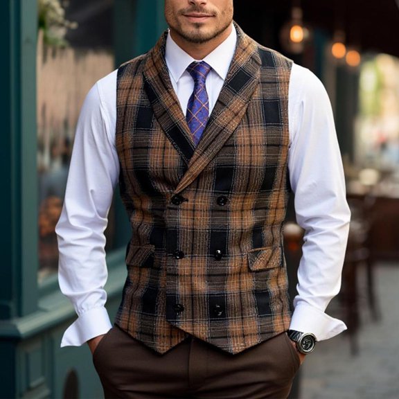 Aueoeo formal Vests for Men Fashion Plaid Printed Sleeveless Top Casual Vintage Business Waistcoat