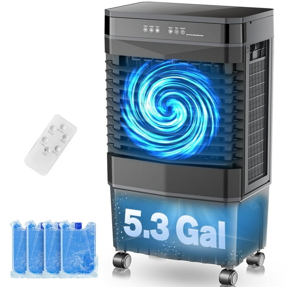 Auertech 5.3 Gal Swamp Cooler with Remote, 1800 CFM 12H Timer Portable Evaporative Air Cooler with Wheels, 4 Ice Packs, 3 Speeds, 120°Oscillation