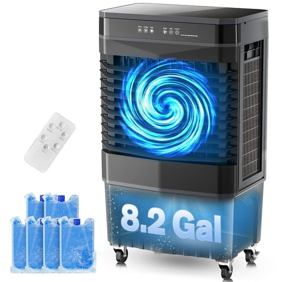 Auertech 8.2 gal Swamp Cooler with Remote, 2800 CFM Portable Evaporative Air Cooler with 3 Speeds, 6 Ice packs, 12H Timer, 120°Oscillation