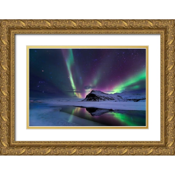 Auf Dem, Andrea 14x11 Gold Ornate Wood Framed with Double Matting Museum Art Print Titled - Northern Lights Reflection