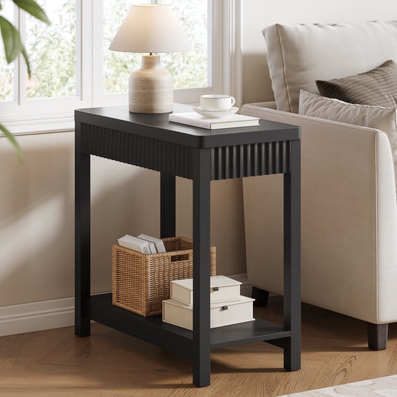 Aufeile End Table, Narrow Fluted Boho Wood Side Table with Storage Shelf, Small Space Accent Table, Black