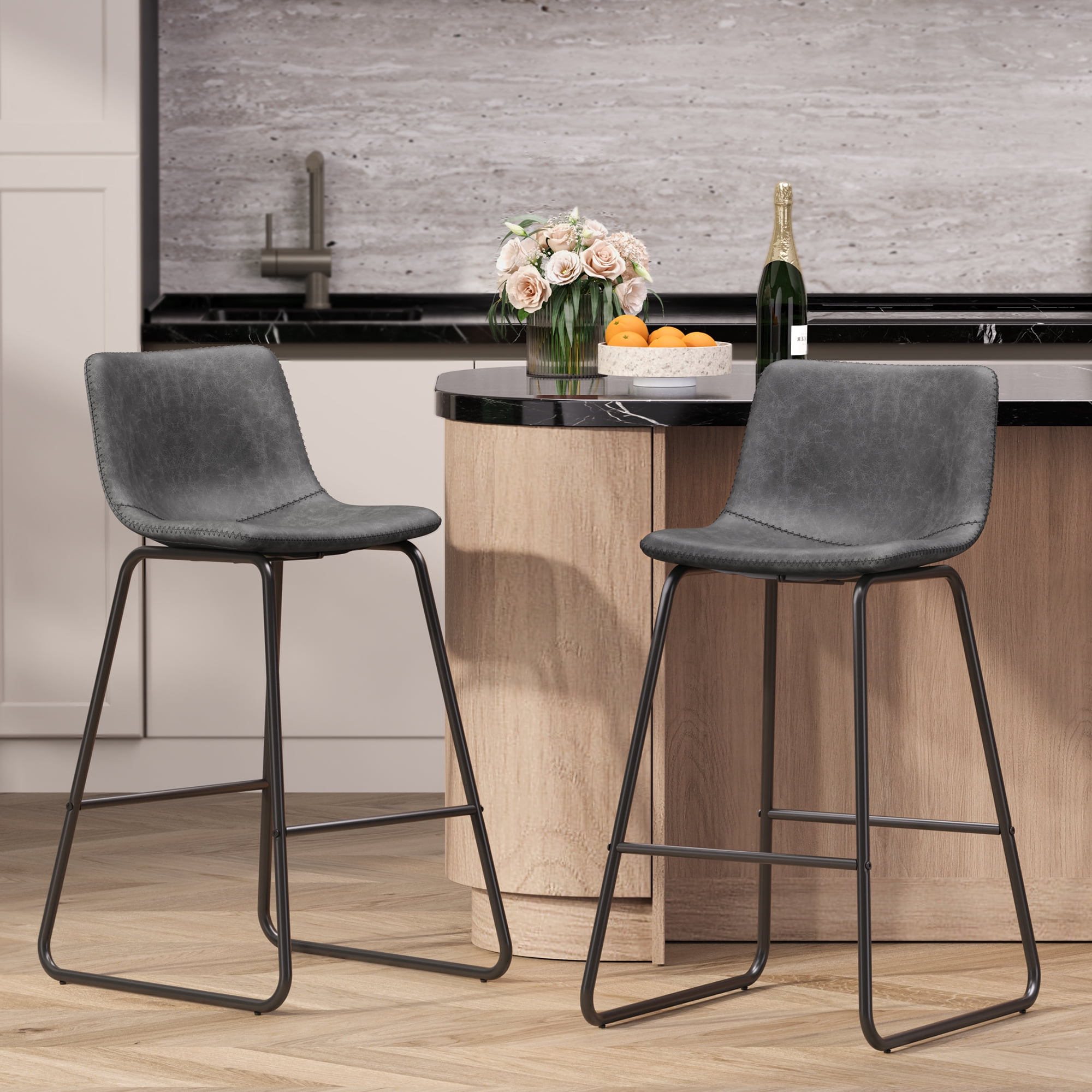 Aufeile 26" Counter Height Bar Stools Set of 2 – Modern Faux Leather Barstools with Back & Metal Legs, Kitchen Bar Chairs for Island, Dining Room, Gray