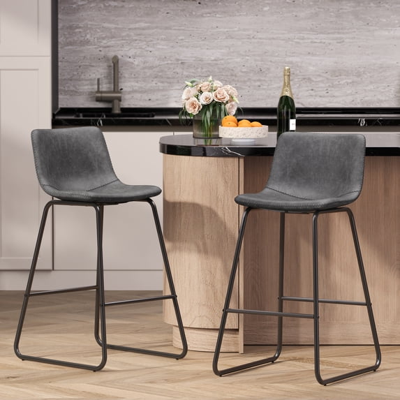Aufeile 26" Counter Height Bar Stools Set of 2 – Modern Faux Leather Barstools with Back & Metal Legs, Kitchen Bar Chairs for Island, Dining Room, Gray