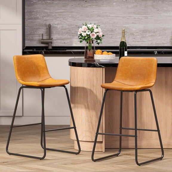 Aufeile 26" Counter Height Bar Stools Set of 2 – Modern Faux Leather Barstools with Back & Metal Legs, Kitchen Bar Chairs for Island, Dining Room, Whiskey Brown