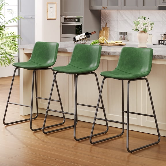 Aufeile 26" Counter Height Bar Stools Set of 3 – Modern Faux Leather Barstools with Back & Metal Legs, Kitchen Bar Chairs for Island, Dining Room, Green