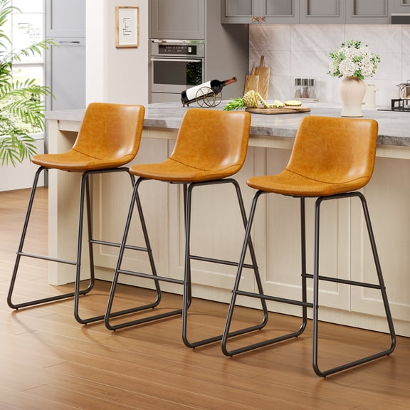 Aufeile 26" Counter Height Bar Stools Set of 3 – Modern Faux Leather Barstools with Back & Metal Legs, Kitchen Bar Chairs for Island, Dining Room, Whiskey Brown