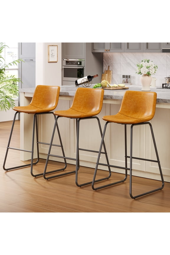 26" Counter Height Bar Stools Set of 3 – Modern Faux Leather Barstools with Back & Metal Legs, Kitchen Bar Chairs for Island, Dining Room, Whiskey Brown