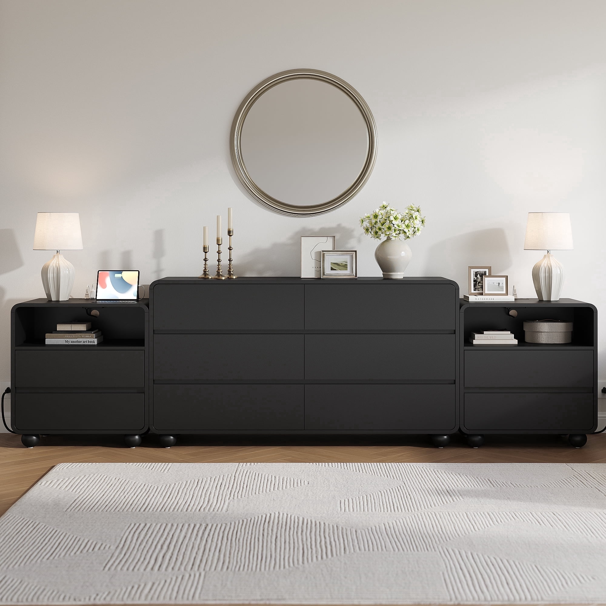Aufeile Bedroom Dresser and Nightstand 3 Piece Set, 53" 6 Drawer Wood Dresser & Nightstand Set of 2 with Charging Station, Modern Curved Bedroom Furniture Set, Chest of Drawers, Black