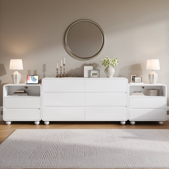 Aufeile 3 Piece Dresser and Nightstand Set for Bedroom, 53" 6 Drawer Wood Dresser with 2 Nightstands and Charging Station, Modern Bedroom Furniture Set with Storage Drawers, White