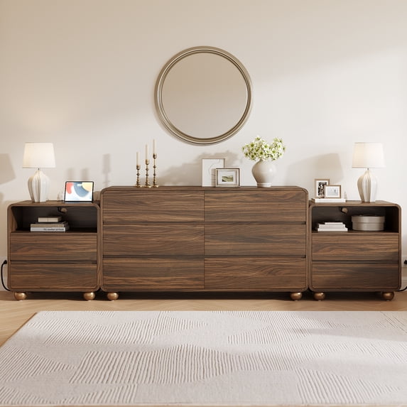 Aufeile 3 Piece Dresser and Nightstand Set for Bedroom, 53" 6 Drawer Wood Dresser with 2 Nightstands and Charging Station, Modern Bedroom Furniture Set with Storage Drawers, Walnut