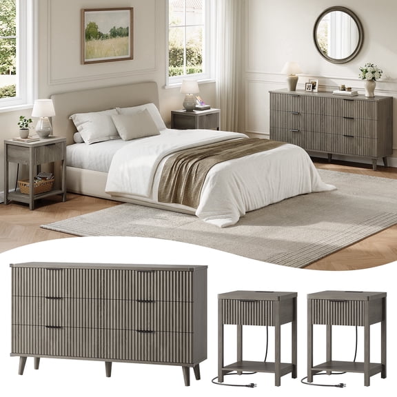 Aufeile 3 Piece Dresser and Nightstand Set for Bedroom, Boho 6 Drawer Dresser & 2 Nightstands with USB Charging, Fluted Wood Storage Cabine, Modern Bedroom Furniture Set, Dark Grey Oak