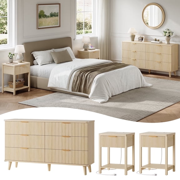 Aufeile 3 Piece Dresser and Nightstand Set for Bedroom, Boho 6 Drawer Dresser & 2 Nightstands with USB Charging, Fluted Wood Storage Cabine, Modern Bedroom Furniture Set, Natural