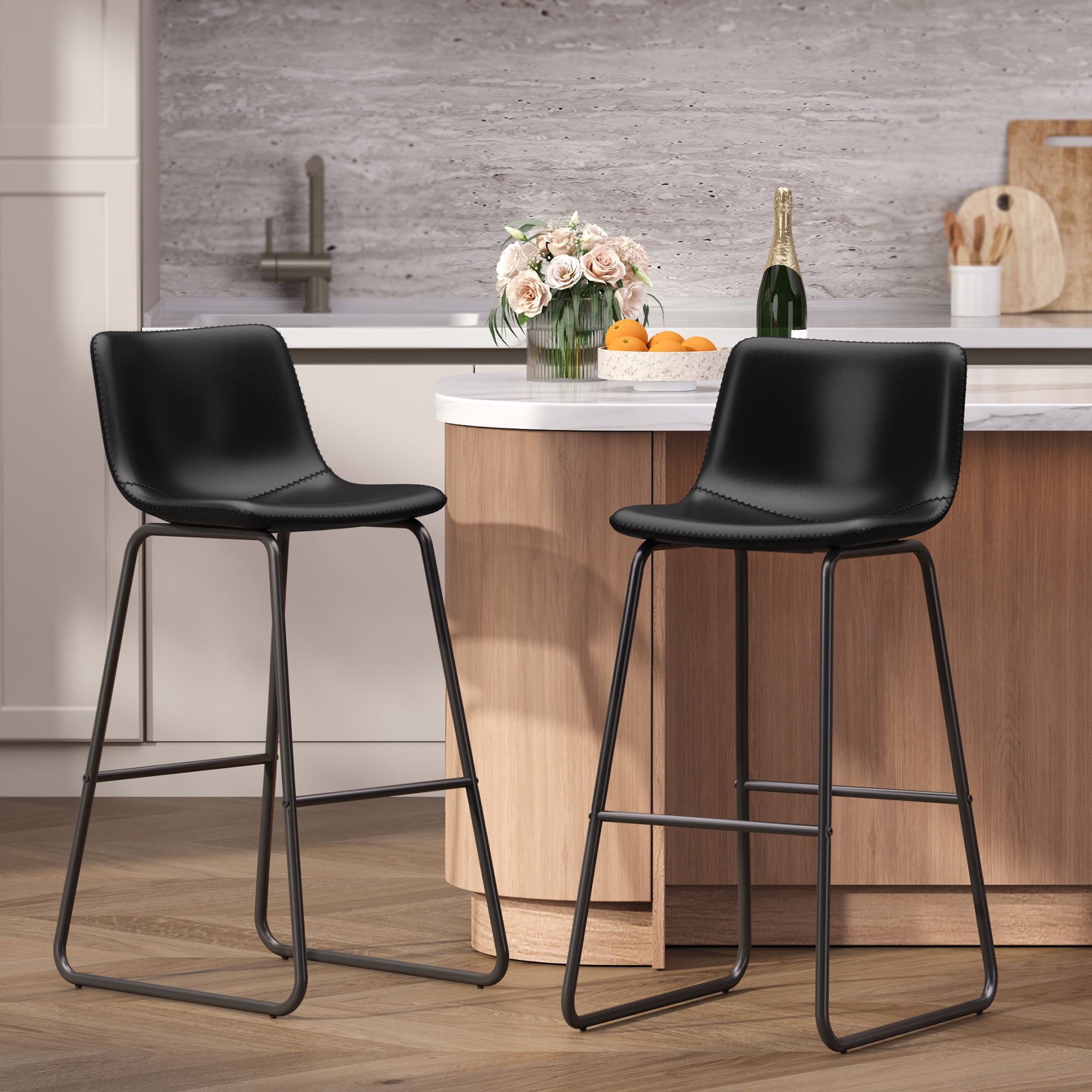 Aufeile 30" Counter Height Bar Stools Set of 2 – Modern Faux Leather Barstools with Back & Metal Legs, Kitchen Bar Chairs for Island, Dining Room, Black