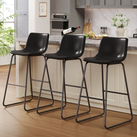 Aufeile 30" Counter Height Bar Stools Set of 3 – Modern Faux Leather Barstools with Back & Metal Legs, Kitchen Bar Chairs for Island, Dining Room, Black