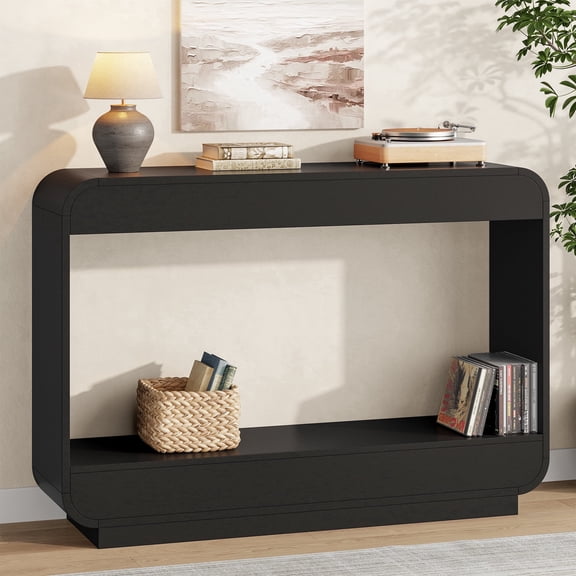 Aufeile 43" Console Table, Curved Entryway Table with Storage, 2-Tier Wood Sofa Table Behind the Couch, Narrow Entry Table for Hallway Foyer Entrance, Black
