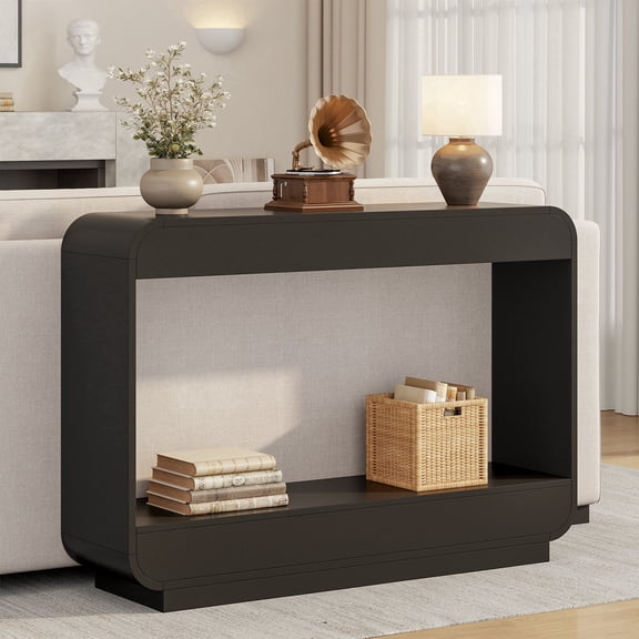 Aufeile 43" Entryway Table, Curved Console Table for Entryway, 2-Tier Wood Sofa Table Behind the Couch, Narrow Entry Table for Hallway Foyer Entrance, Black