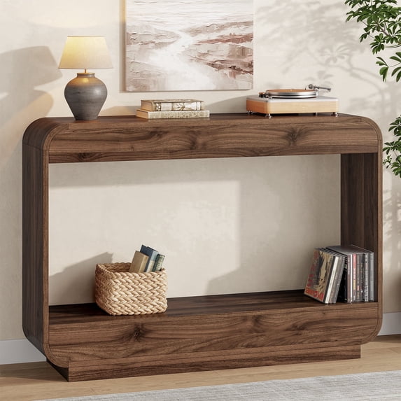 Aufeile 43" Entryway Table, Curved Console Table for Entryway, 2-Tier Wood Sofa Table with Open Storage Shelves Behind the Couch, Narrow Entry Table for Hallway Entrance Foyer, Walnut