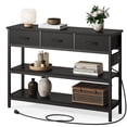 thumbnail image 1 of Aufeile 43" Narrow Console Table, Entryway Table with 3 Drawers and Outlets, Fabirc Sofa Table with Open Shelves for Couch, Hallway, Foyer, Living Room, Black, 1 of 8